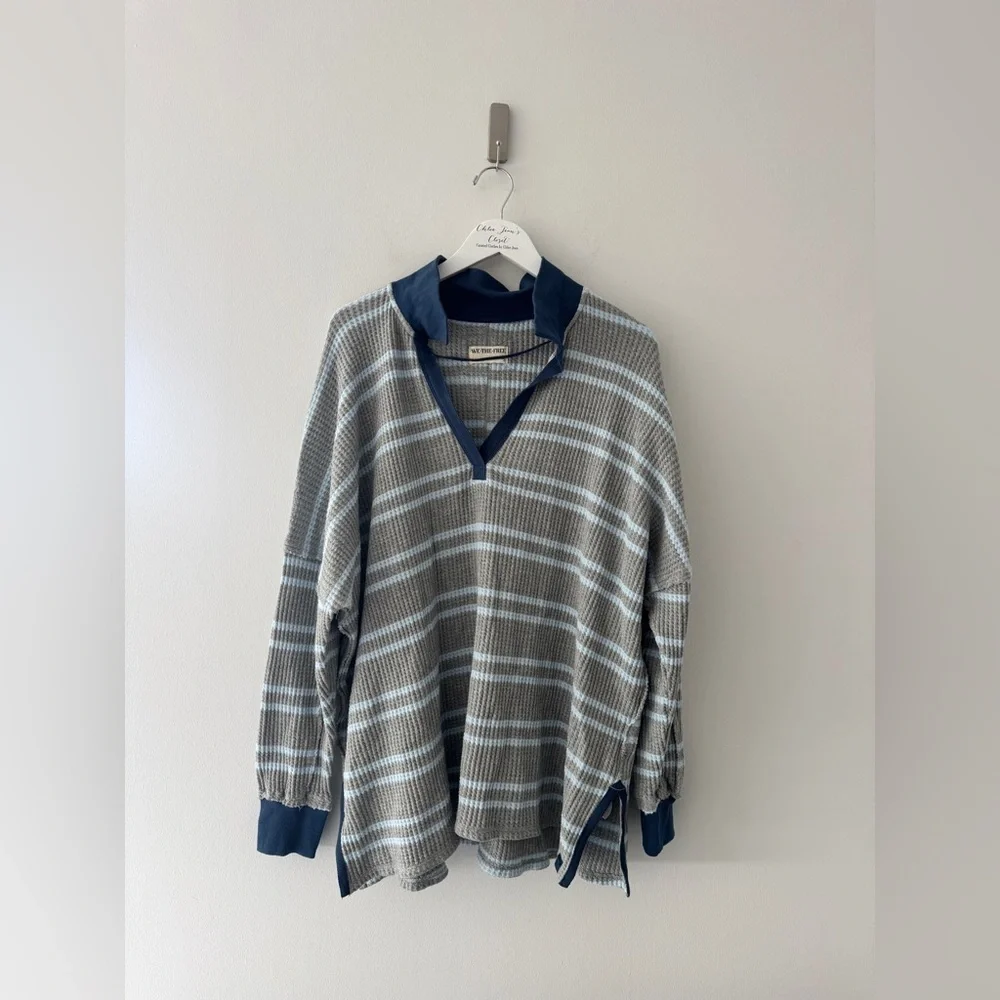 FREE PEOPLE Stripe Travis Polo Tee in Heather Gray Combo S